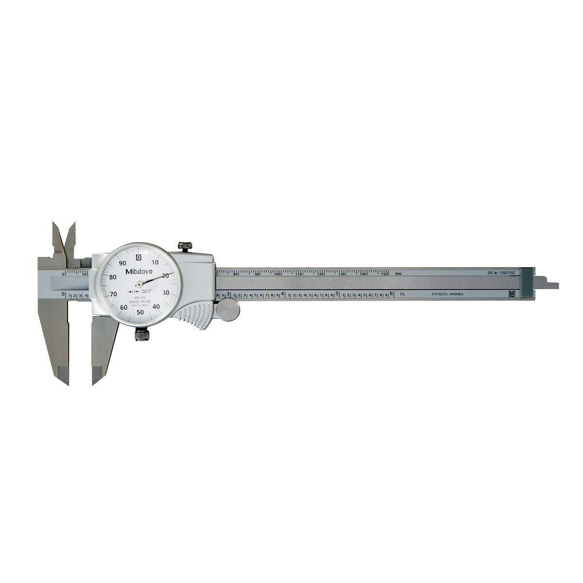 Mitutoyo Dial Caliper - 0-6in., 0.001in., 0.1in./Revolution, White Face, Model# 505-742J